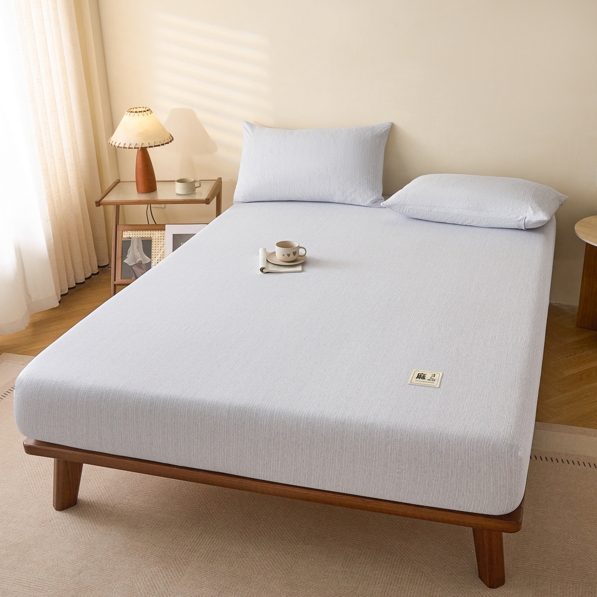 91家纺网 家纺一手货源 找家纺 蓝极人 2026新款提花色织水洗麻床笠 LC牛仔蓝