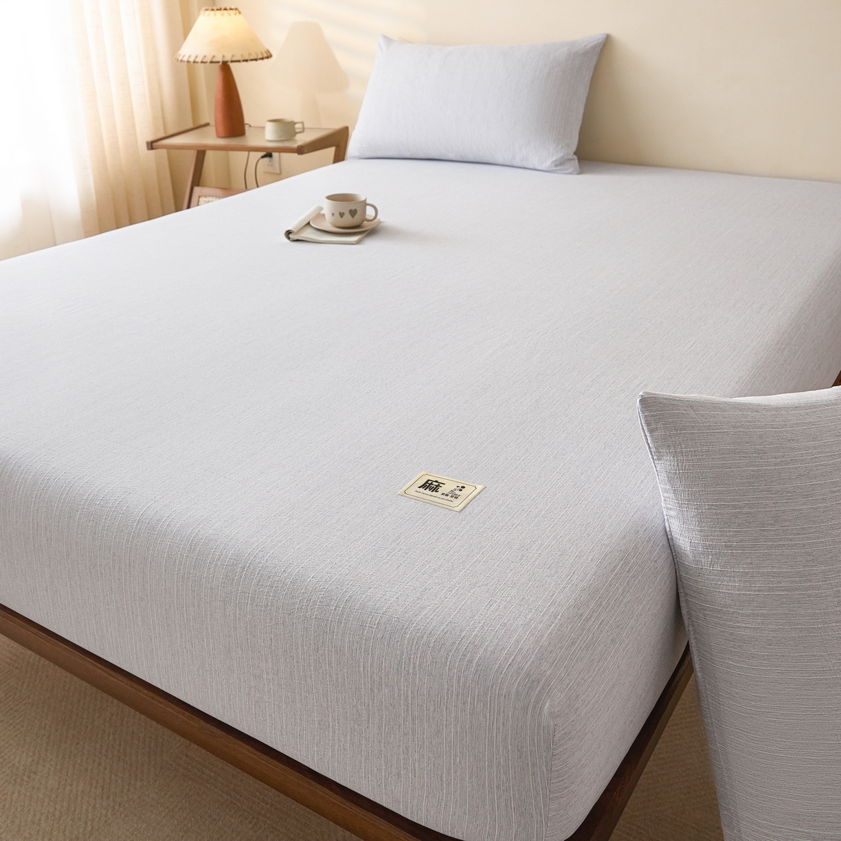 91家纺网 家纺一手货源 找家纺 蓝极人 2026新款提花色织水洗麻床笠 LC牛仔蓝