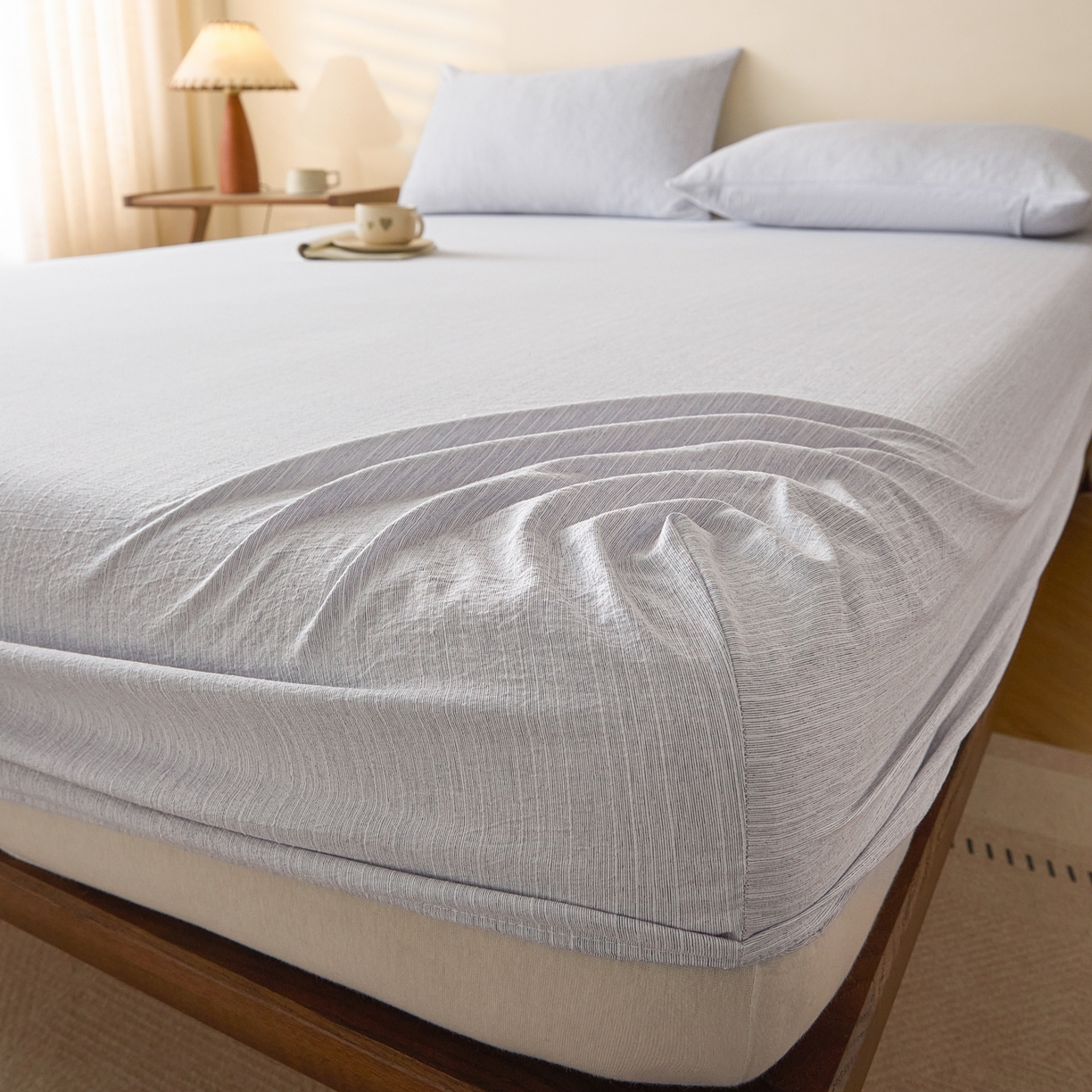 91家纺网 家纺一手货源 找家纺 蓝极人 2026新款提花色织水洗麻床笠 LC牛仔蓝