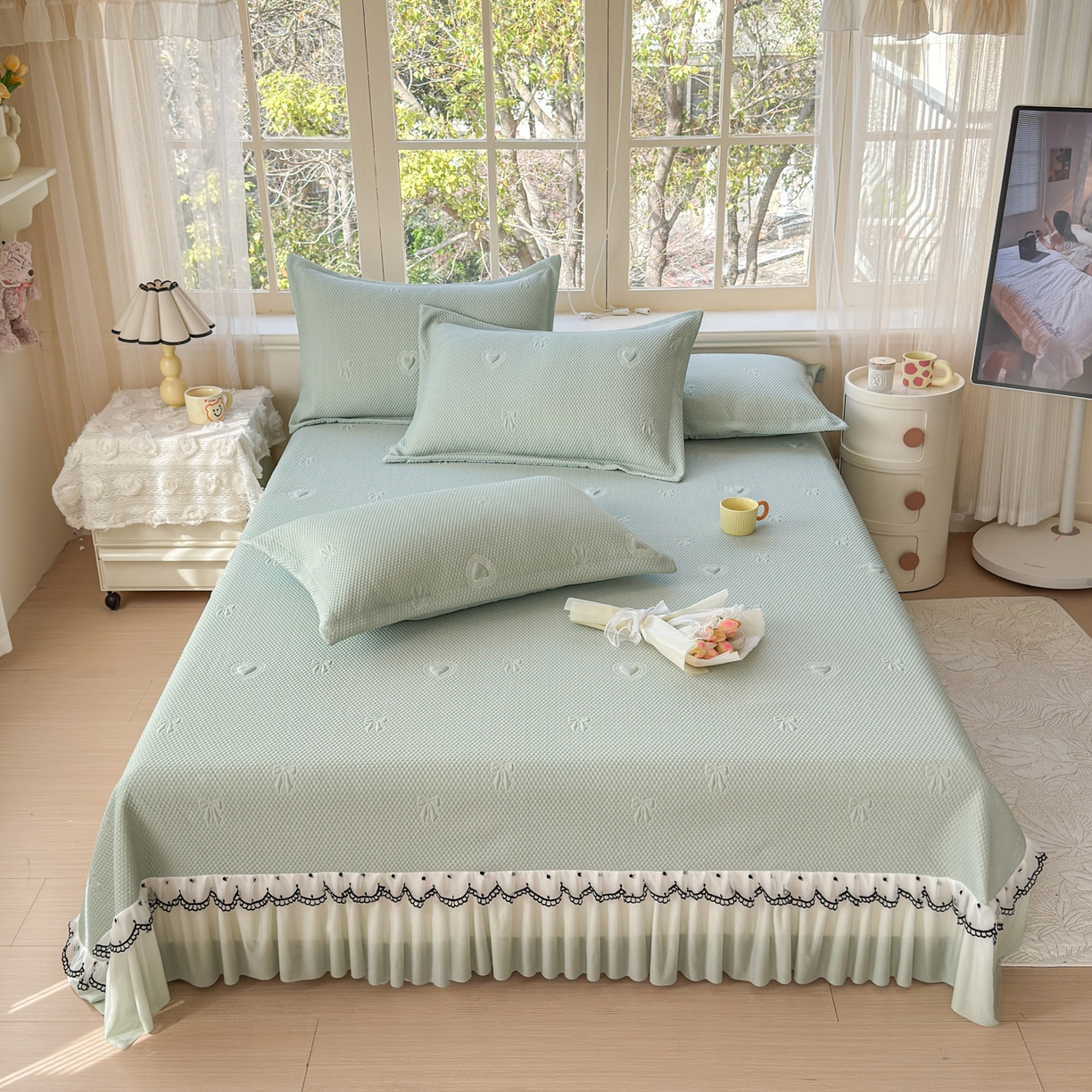 91家纺网 家纺一手货源 找家纺 （总）鑫利来家纺 2026新款A类PE乙纶凉豆豆凉席高分子提花凉感冰豆豆床裙款凉席三件套