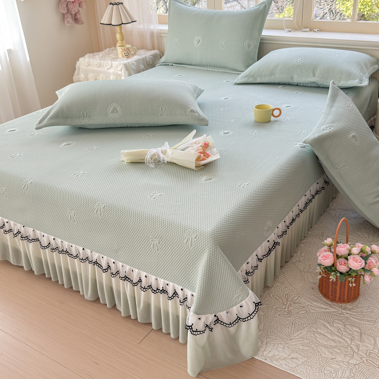 91家纺网 家纺一手货源 找家纺 （总）鑫利来家纺 2026新款A类PE乙纶凉豆豆凉席高分子提花凉感冰豆豆床裙款凉席三件套