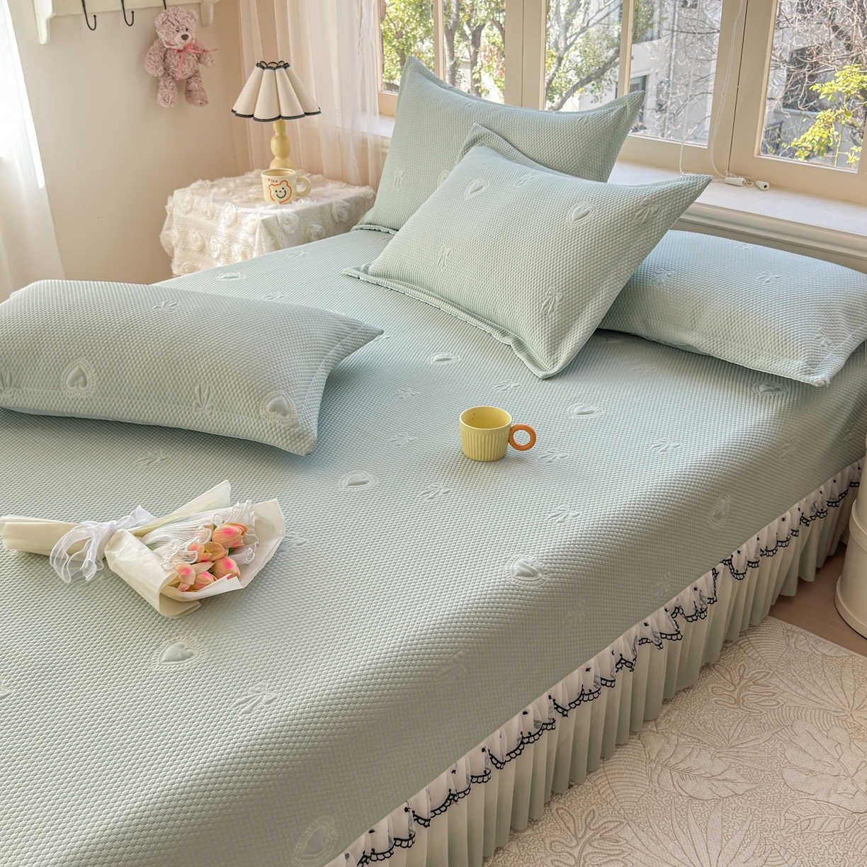 91家纺网 家纺一手货源 找家纺 （总）鑫利来家纺 2026新款A类PE乙纶凉豆豆凉席高分子提花凉感冰豆豆床裙款凉席三件套