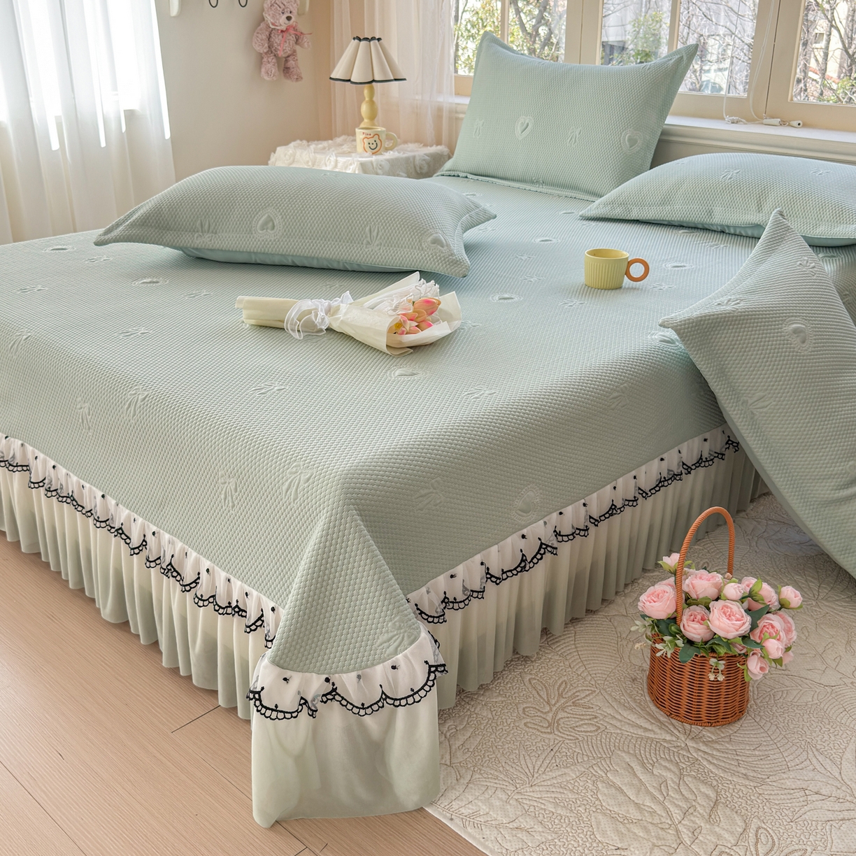 91家纺网 家纺一手货源 找家纺 （总）鑫利来家纺 2026新款A类PE乙纶凉豆豆凉席高分子提花凉感冰豆豆床裙款凉席三件套