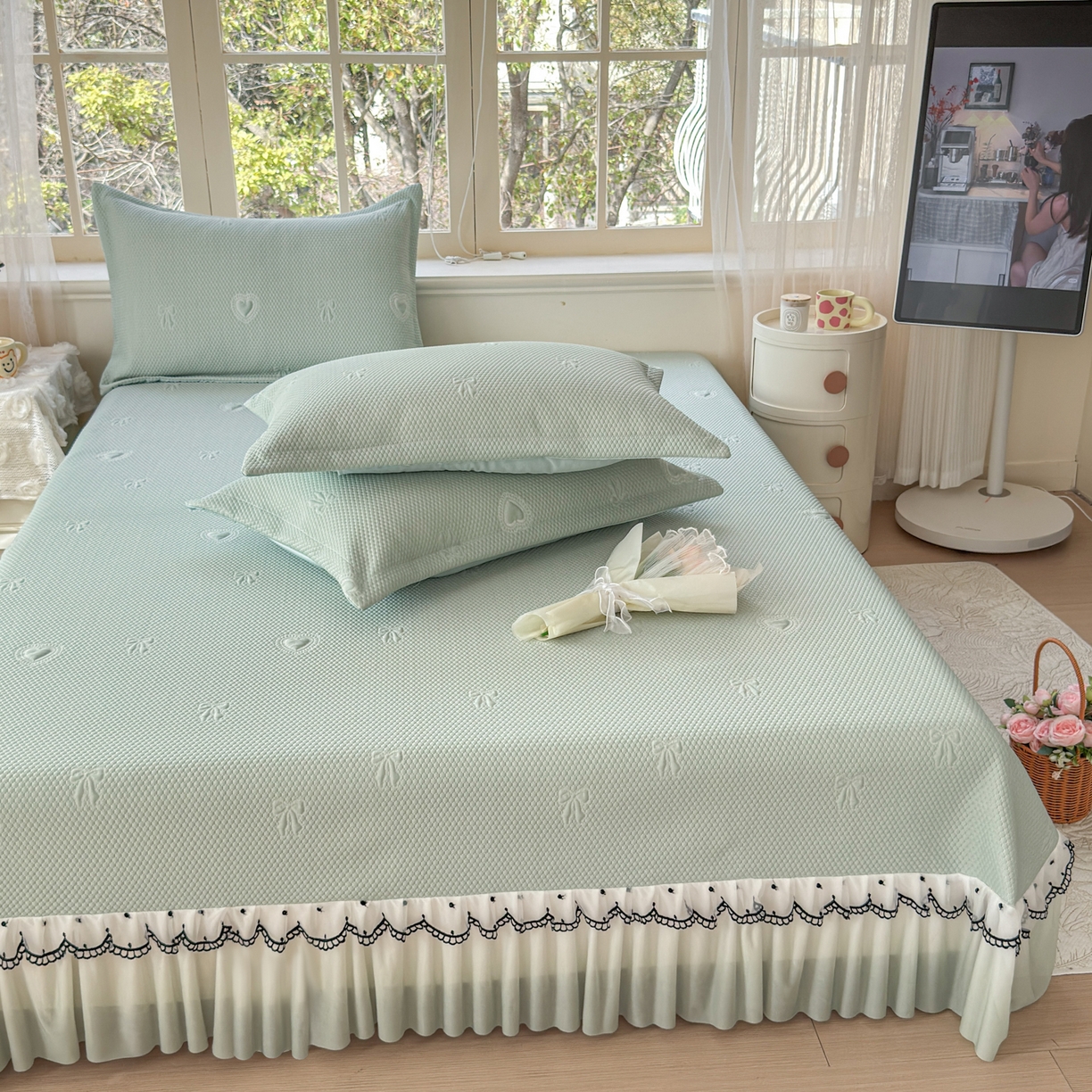 91家纺网 家纺一手货源 找家纺 （总）鑫利来家纺 2026新款A类PE乙纶凉豆豆凉席高分子提花凉感冰豆豆床裙款凉席三件套