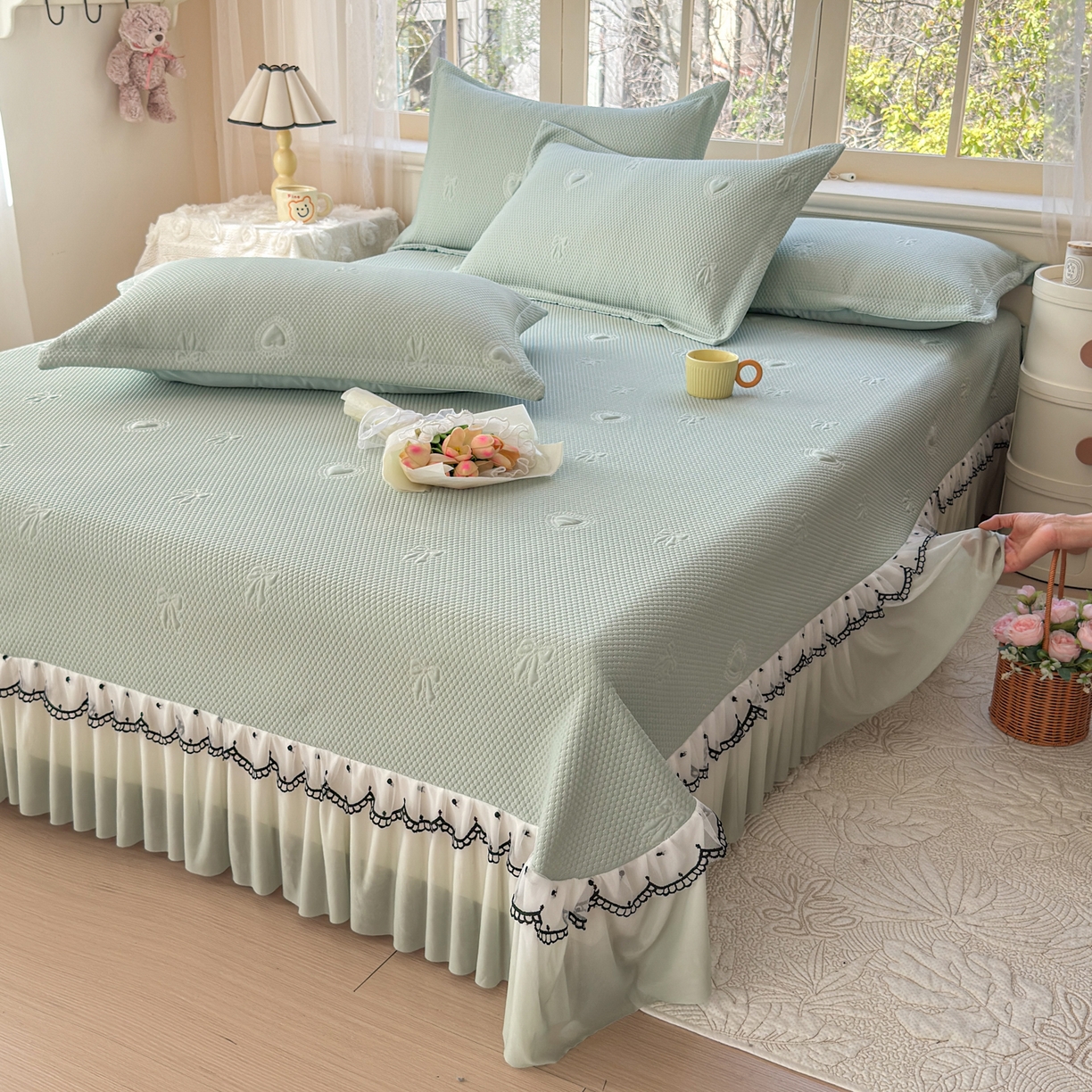 91家纺网 家纺一手货源 找家纺 （总）鑫利来家纺 2026新款A类PE乙纶凉豆豆凉席高分子提花凉感冰豆豆床裙款凉席三件套