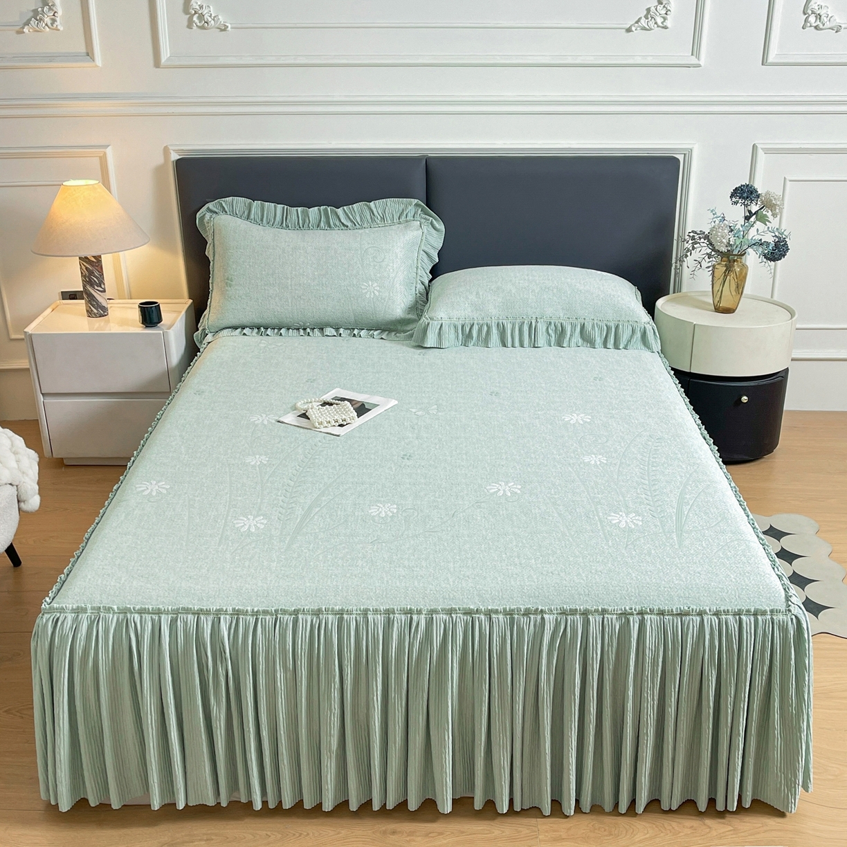 绒艺席业 2026年新款立体浮雕工艺正宗凉感豆豆席凉席席子-床裙款 豆豆彩蝶-绿色