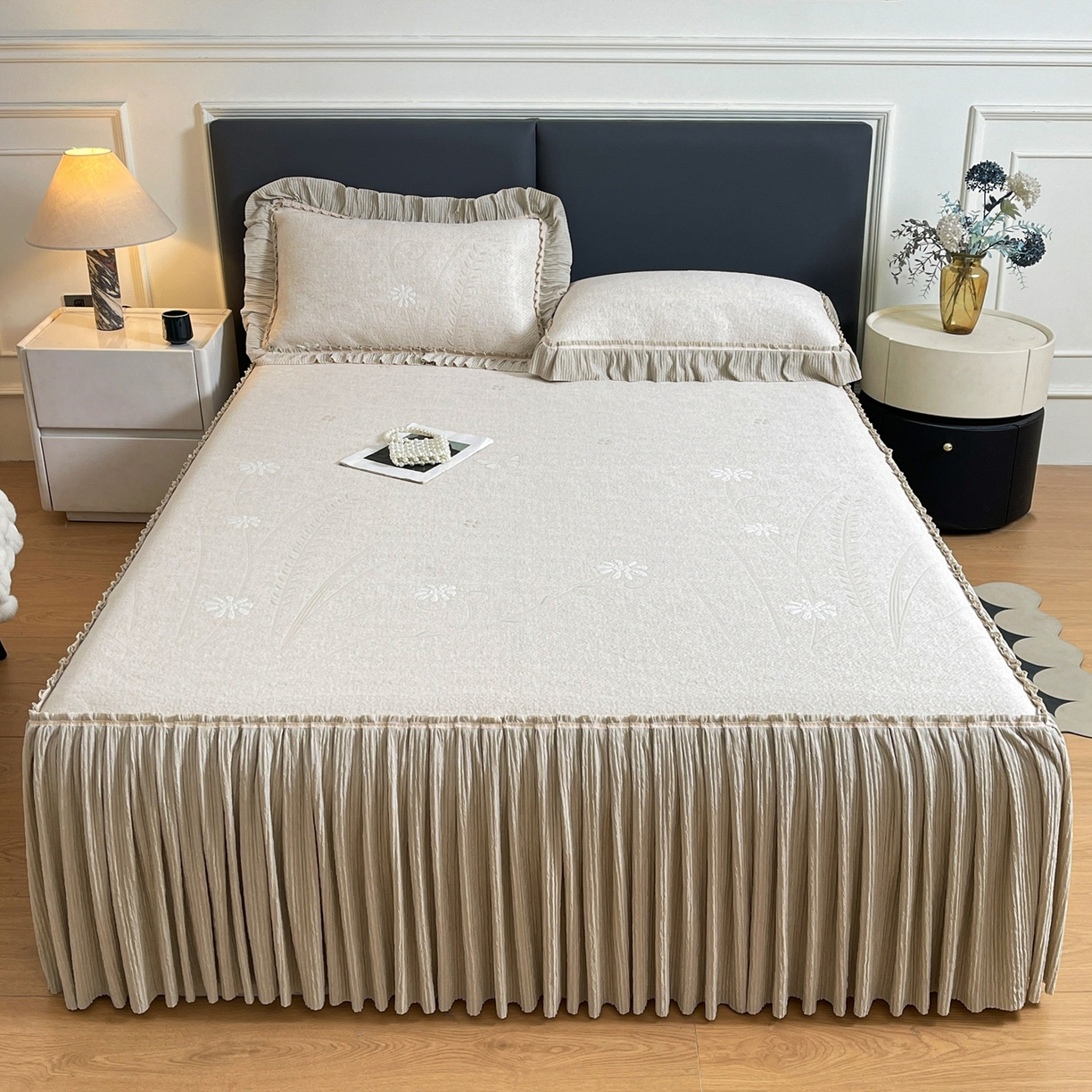 绒艺席业 2026年新款立体浮雕工艺正宗凉感豆豆席凉席席子-床裙款 豆豆彩蝶-香槟