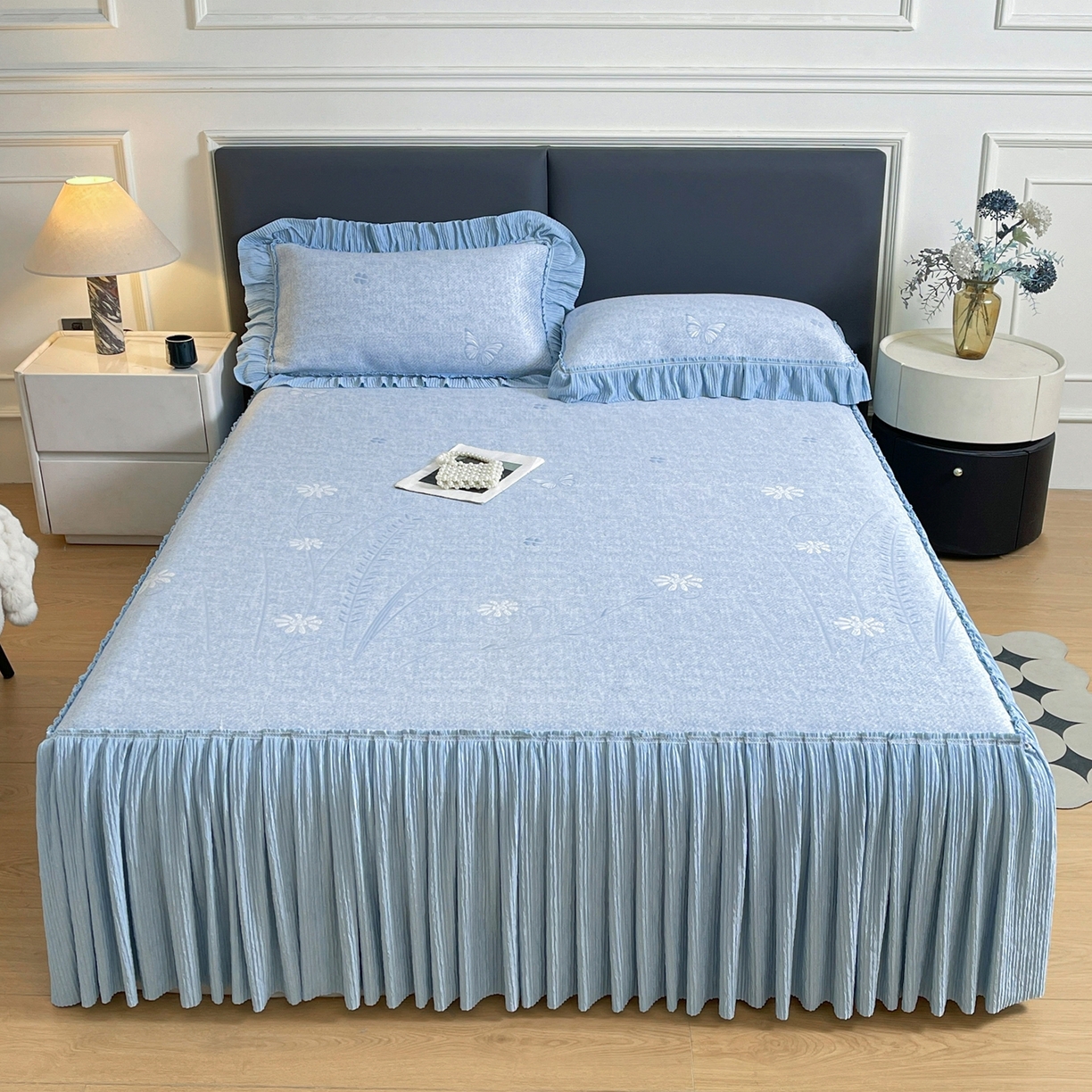 绒艺席业 2026年新款立体浮雕工艺正宗凉感豆豆席凉席席子-床裙款 豆豆彩蝶-蓝色