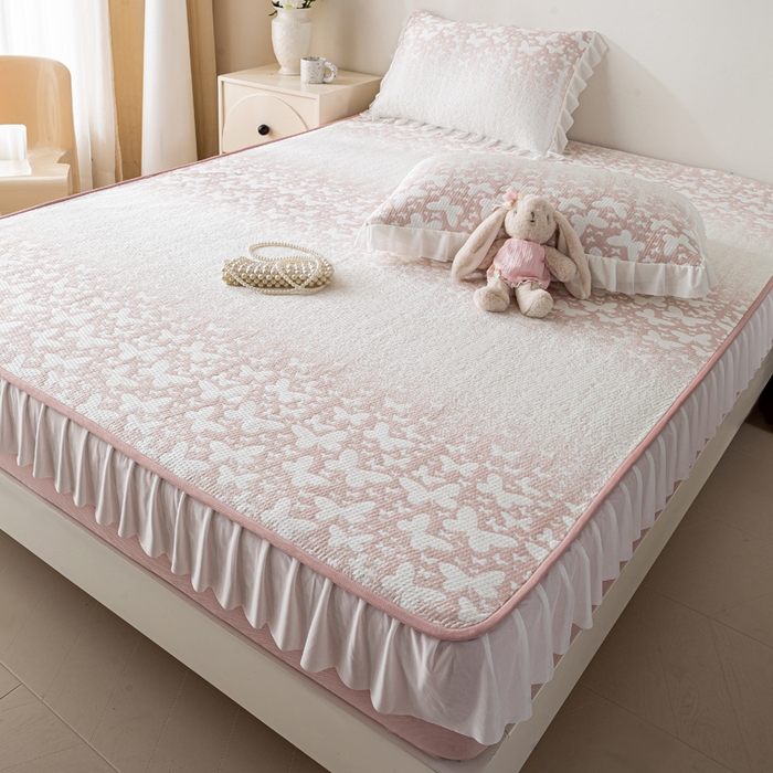 91家纺网 家纺一手货源 找家纺 （总）伊人坊 2026新款A类550克凉感提花值过0.21冰豆豆家用凉席子三件套夏季-花边床笠款