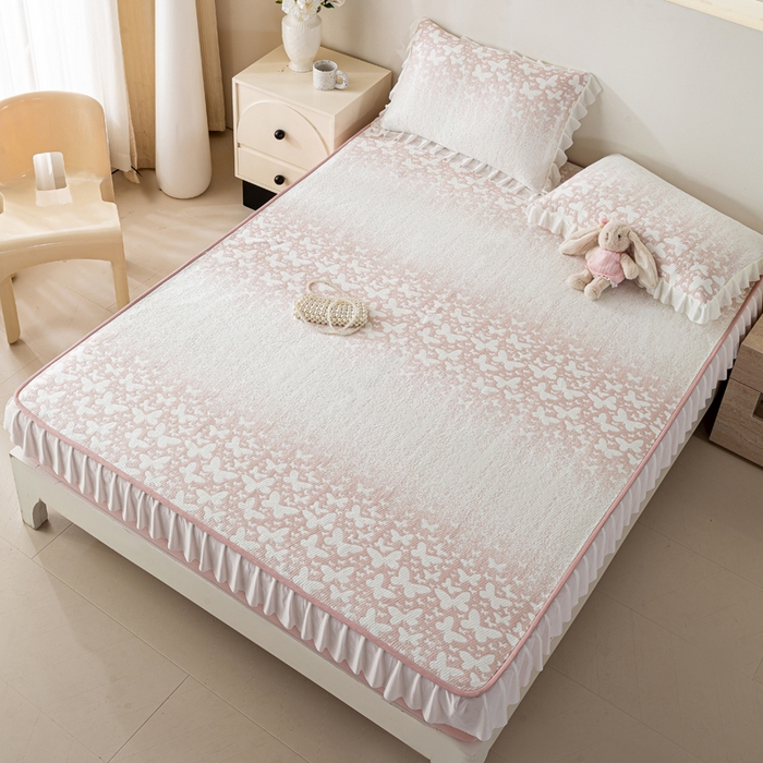 91家纺网 家纺一手货源 找家纺 （总）伊人坊 2026新款A类550克凉感提花值过0.21冰豆豆家用凉席子三件套夏季-花边床笠款