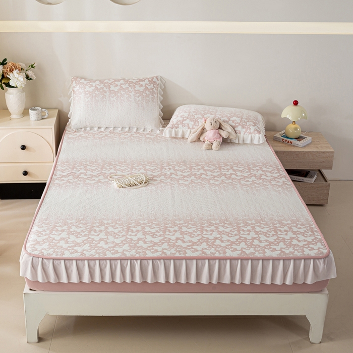 91家纺网 家纺一手货源 找家纺 （总）伊人坊 2026新款A类550克凉感提花值过0.21冰豆豆家用凉席子三件套夏季-花边床笠款