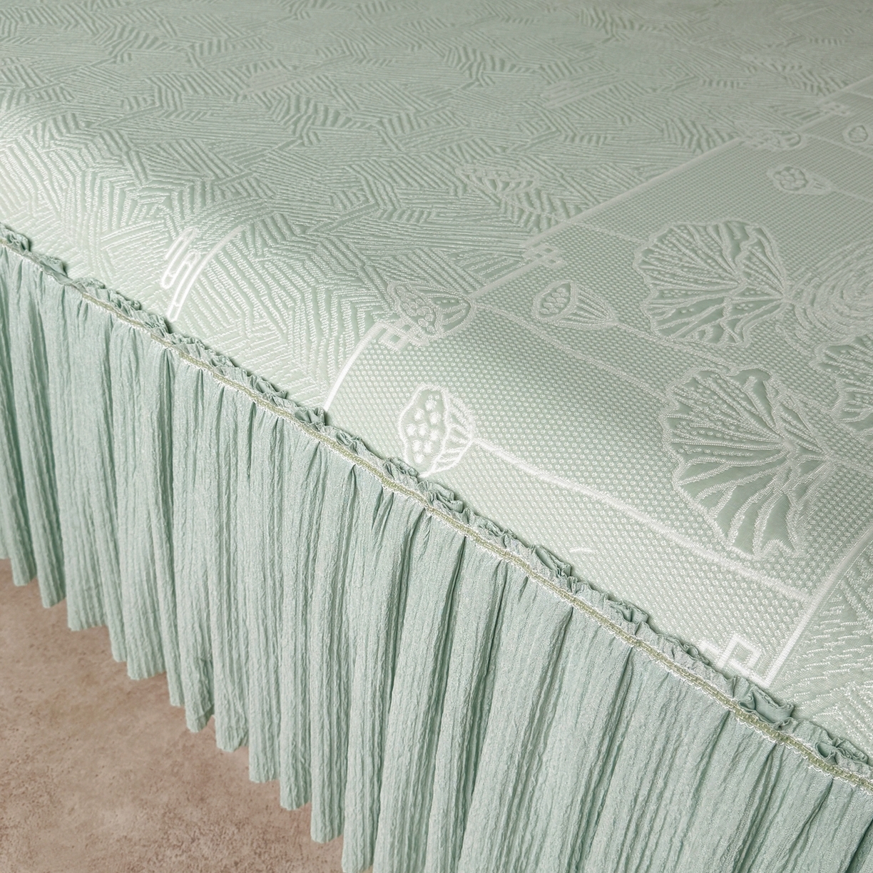 91家纺网 家纺一手货源 找家纺 绒艺席业 2026年新款立体浮雕工艺正宗凉感豆豆席凉席席子-床裙款 豆豆荷塘月色-绿色