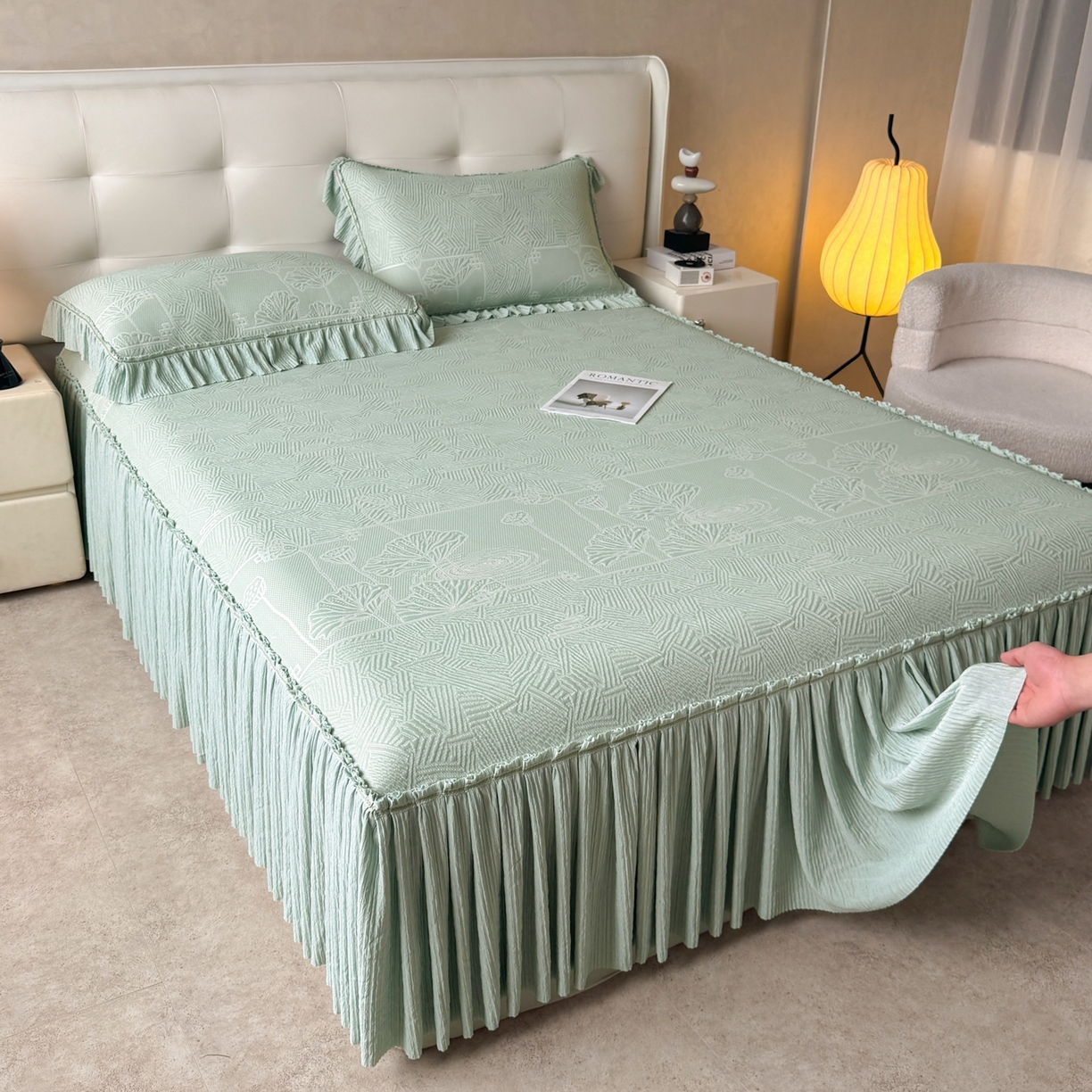 91家纺网 家纺一手货源 找家纺 绒艺席业 2026年新款立体浮雕工艺正宗凉感豆豆席凉席席子-床裙款 豆豆荷塘月色-绿色