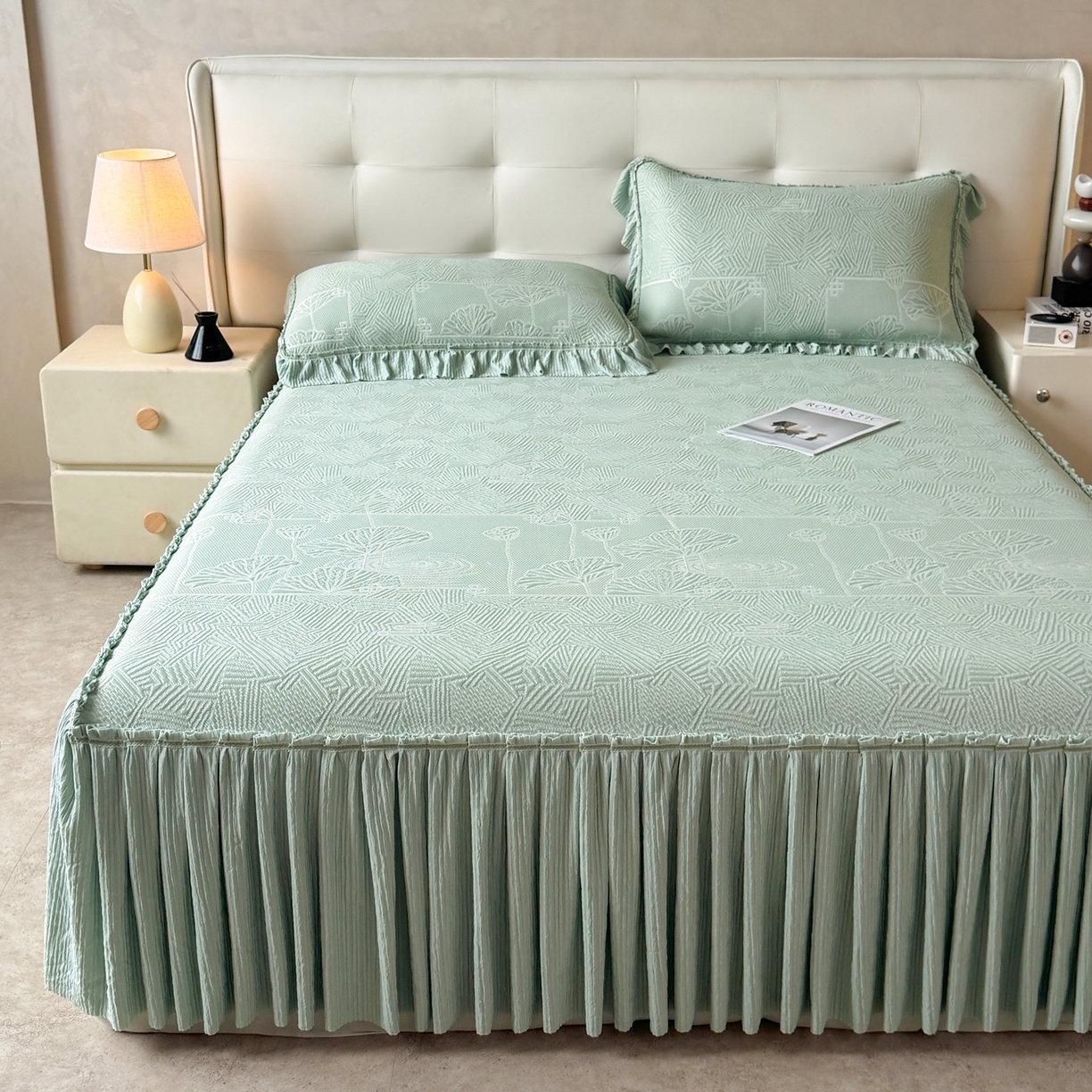 91家纺网 家纺一手货源 找家纺 绒艺席业 2026年新款立体浮雕工艺正宗凉感豆豆席凉席席子-床裙款 豆豆荷塘月色-绿色