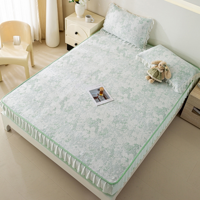 91家纺网 家纺一手货源 找家纺 伊人坊 2026新款A类550克凉感提花值过0.21冰豆豆家用凉席子三件套夏季-花边床笠款 繁花-绿