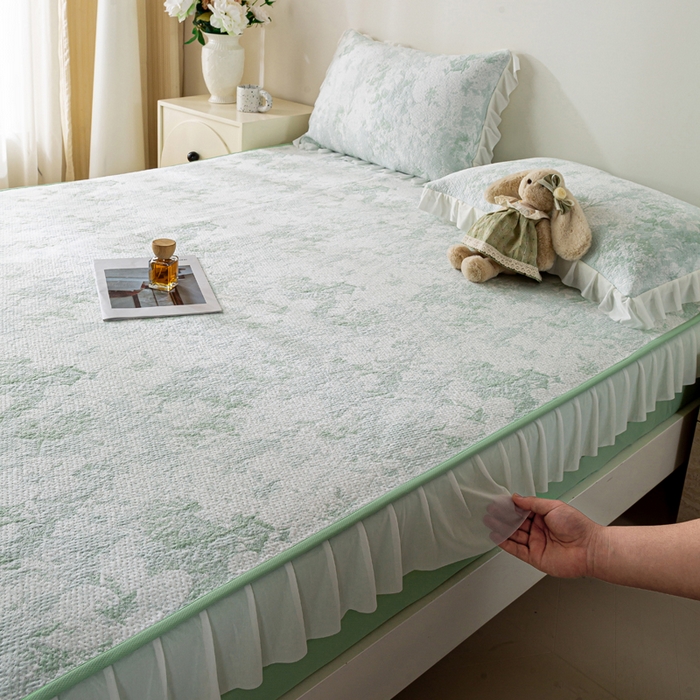 91家纺网 家纺一手货源 找家纺 伊人坊 2026新款A类550克凉感提花值过0.21冰豆豆家用凉席子三件套夏季-花边床笠款 繁花-绿