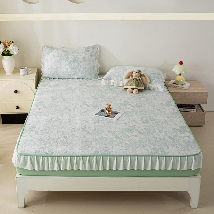 91家纺网 家纺一手货源 找家纺 伊人坊 2026新款A类550克凉感提花值过0.21冰豆豆家用凉席子三件套夏季-花边床笠款 繁花-绿