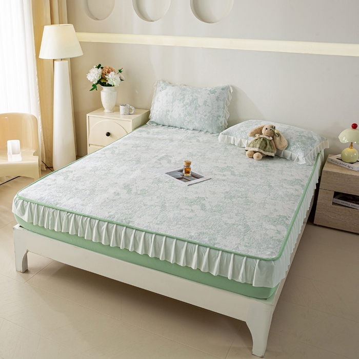 91家纺网 家纺一手货源 找家纺 伊人坊 2026新款A类550克凉感提花值过0.21冰豆豆家用凉席子三件套夏季-花边床笠款 繁花-绿