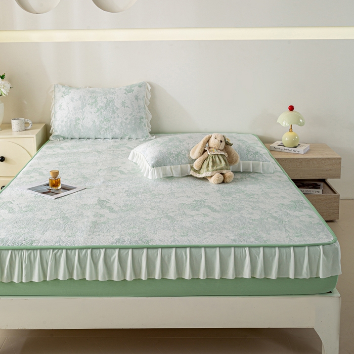 91家纺网 家纺一手货源 找家纺 伊人坊 2026新款A类550克凉感提花值过0.21冰豆豆家用凉席子三件套夏季-花边床笠款 繁花-绿