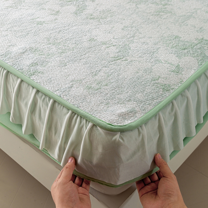 91家纺网 家纺一手货源 找家纺 伊人坊 2026新款A类550克凉感提花值过0.21冰豆豆家用凉席子三件套夏季-花边床笠款 繁花-绿