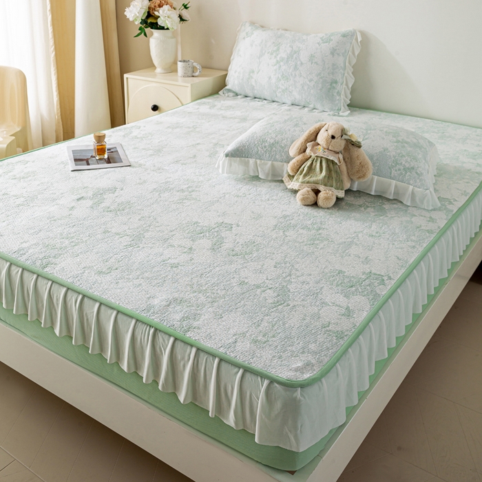 91家纺网 家纺一手货源 找家纺 伊人坊 2026新款A类550克凉感提花值过0.21冰豆豆家用凉席子三件套夏季-花边床笠款 繁花-绿