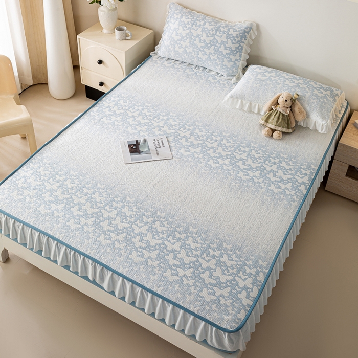 91家纺网 家纺一手货源 找家纺 伊人坊 2026新款A类550克凉感提花值过0.21冰豆豆家用凉席子三件套夏季-花边床笠款 花蝴蝶-蓝