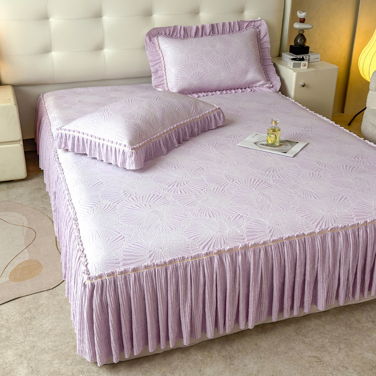 91家纺网 家纺一手货源 找家纺 绒艺席业 2026年新款立体浮雕工艺正宗凉感豆豆席凉席席子-床裙款 豆豆银杏叶-紫色