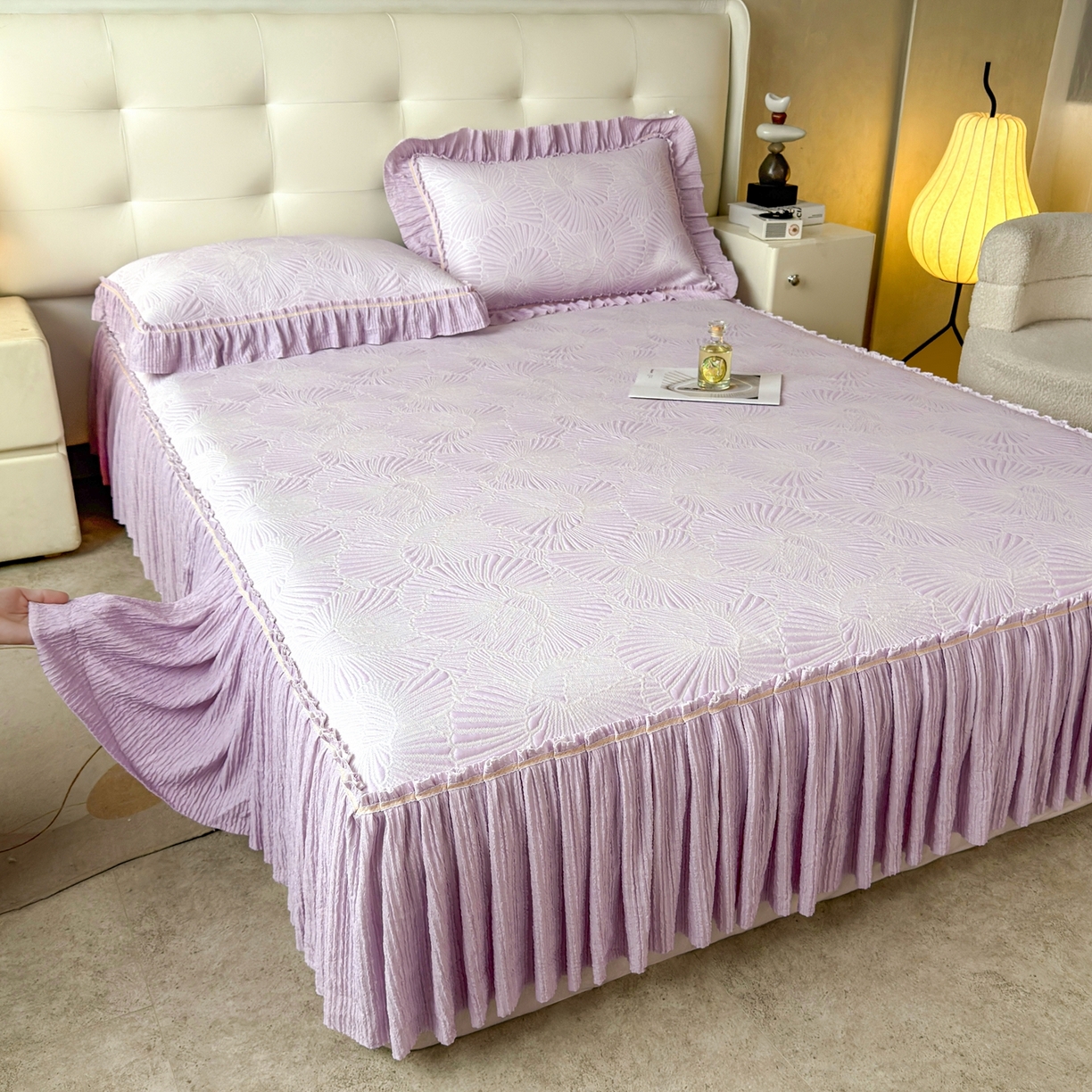 91家纺网 家纺一手货源 找家纺 绒艺席业 2026年新款立体浮雕工艺正宗凉感豆豆席凉席席子-床裙款 豆豆银杏叶-紫色