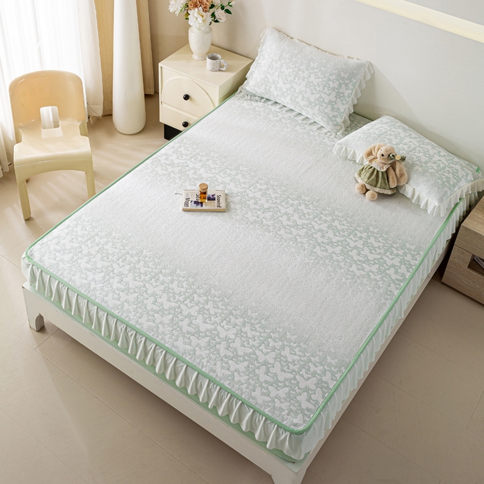 91家纺网 家纺一手货源 找家纺 伊人坊 2026新款A类550克凉感提花值过0.21冰豆豆家用凉席子三件套夏季-花边床笠款 花蝴蝶-绿