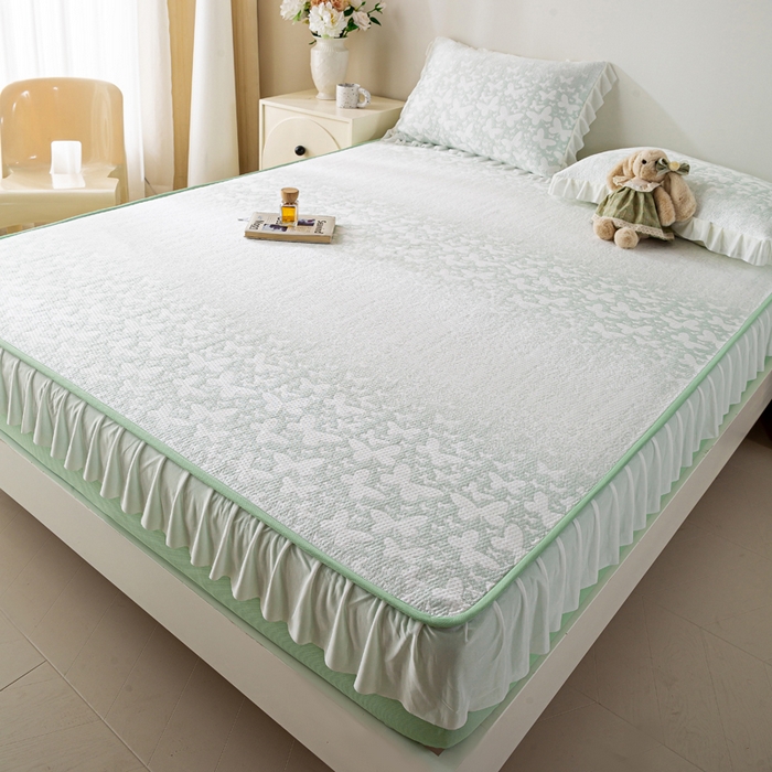 91家纺网 家纺一手货源 找家纺 伊人坊 2026新款A类550克凉感提花值过0.21冰豆豆家用凉席子三件套夏季-花边床笠款 花蝴蝶-绿