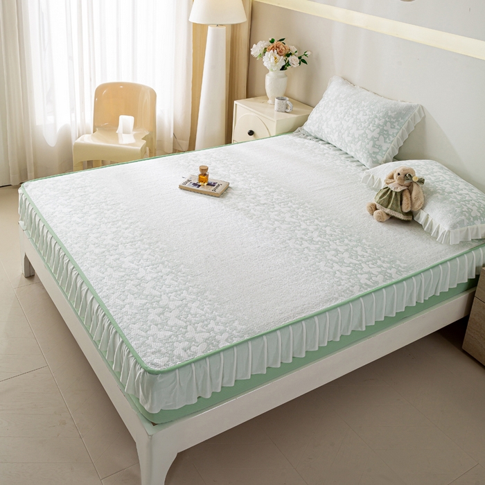 91家纺网 家纺一手货源 找家纺 伊人坊 2026新款A类550克凉感提花值过0.21冰豆豆家用凉席子三件套夏季-花边床笠款 花蝴蝶-绿