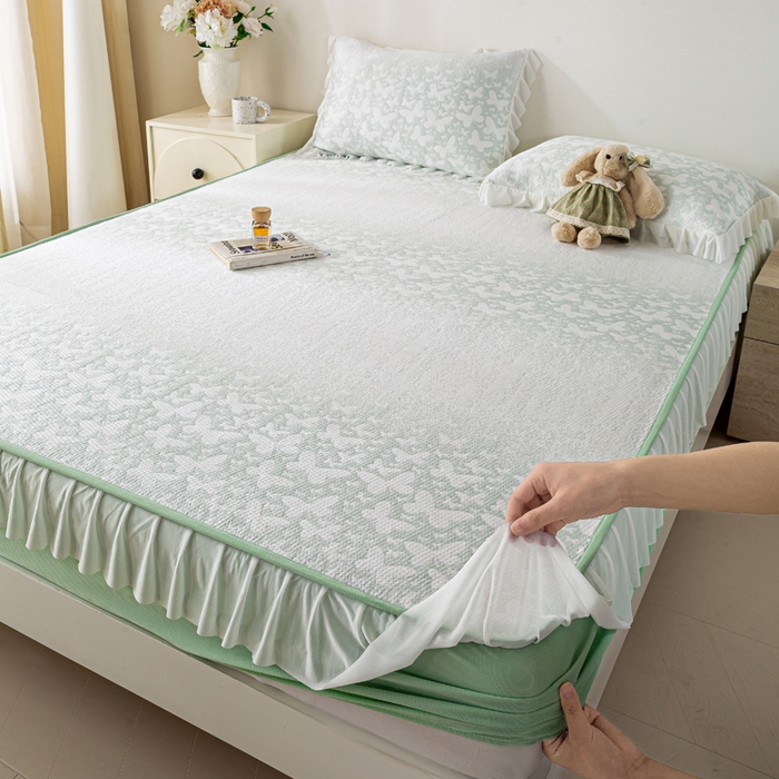 91家纺网 家纺一手货源 找家纺 伊人坊 2026新款A类550克凉感提花值过0.21冰豆豆家用凉席子三件套夏季-花边床笠款 花蝴蝶-绿