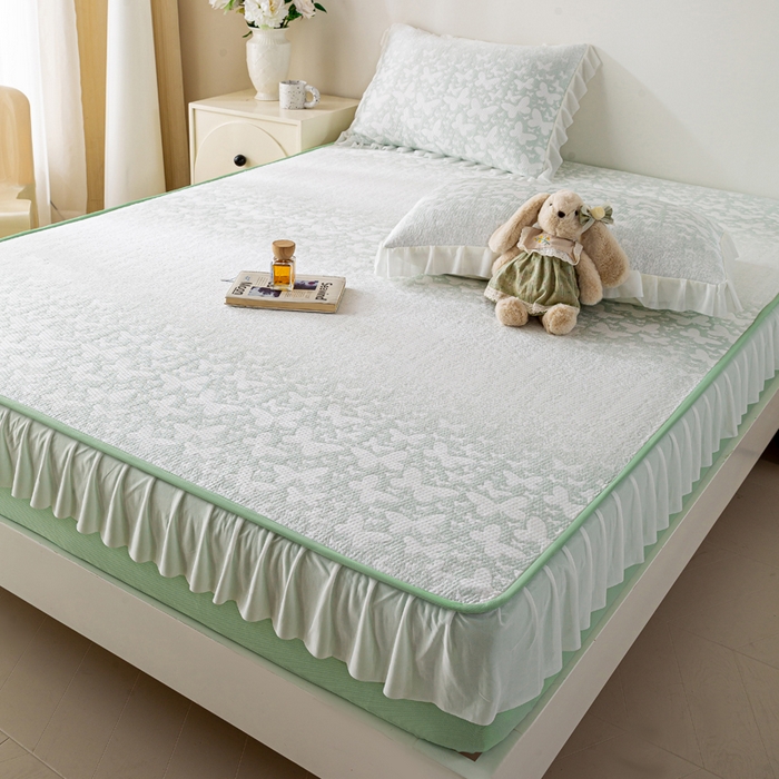 91家纺网 家纺一手货源 找家纺 伊人坊 2026新款A类550克凉感提花值过0.21冰豆豆家用凉席子三件套夏季-花边床笠款 花蝴蝶-绿