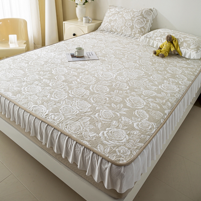 91家纺网 家纺一手货源 找家纺 伊人坊 2026新款A类550克凉感提花值过0.21冰豆豆家用凉席子三件套夏季-花边床笠款 玫瑰-咖