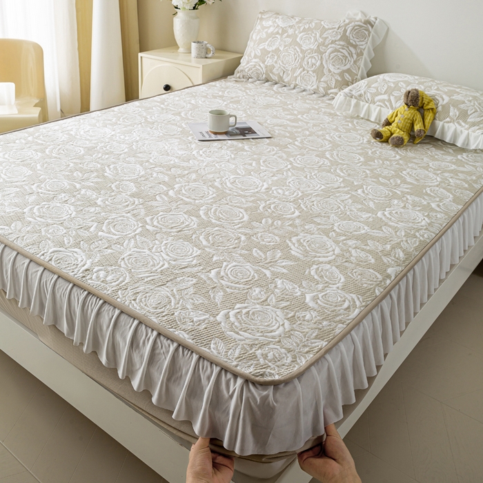 91家纺网 家纺一手货源 找家纺 伊人坊 2026新款A类550克凉感提花值过0.21冰豆豆家用凉席子三件套夏季-花边床笠款 玫瑰-咖