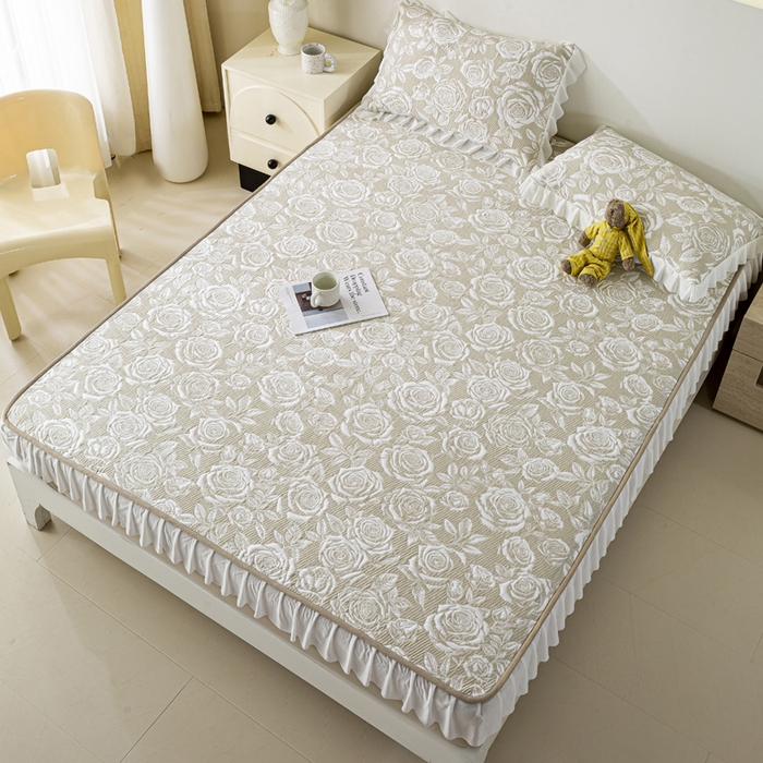 91家纺网 家纺一手货源 找家纺 伊人坊 2026新款A类550克凉感提花值过0.21冰豆豆家用凉席子三件套夏季-花边床笠款 玫瑰-咖