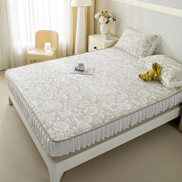 91家纺网 家纺一手货源 找家纺 伊人坊 2026新款A类550克凉感提花值过0.21冰豆豆家用凉席子三件套夏季-花边床笠款 玫瑰-咖