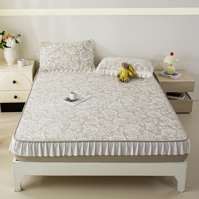 91家纺网 家纺一手货源 找家纺 伊人坊 2026新款A类550克凉感提花值过0.21冰豆豆家用凉席子三件套夏季-花边床笠款 玫瑰-咖