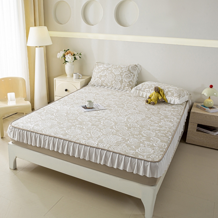 91家纺网 家纺一手货源 找家纺 伊人坊 2026新款A类550克凉感提花值过0.21冰豆豆家用凉席子三件套夏季-花边床笠款 玫瑰-咖