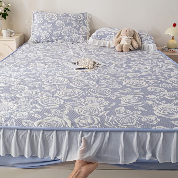 91家纺网 家纺一手货源 找家纺 伊人坊 2026新款A类550克凉感提花值过0.21冰豆豆家用凉席子三件套夏季-花边床笠款 玫瑰-蓝紫