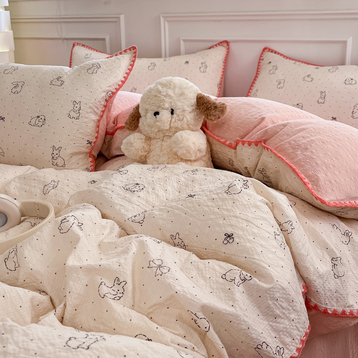 91家纺网 家纺一手货源 找家纺 （总）慕澄家纺 2026新款小清新印花泡芙纱贝壳边四件套