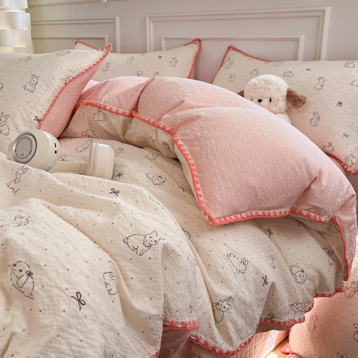 91家纺网 家纺一手货源 找家纺 （总）慕澄家纺 2026新款小清新印花泡芙纱贝壳边四件套