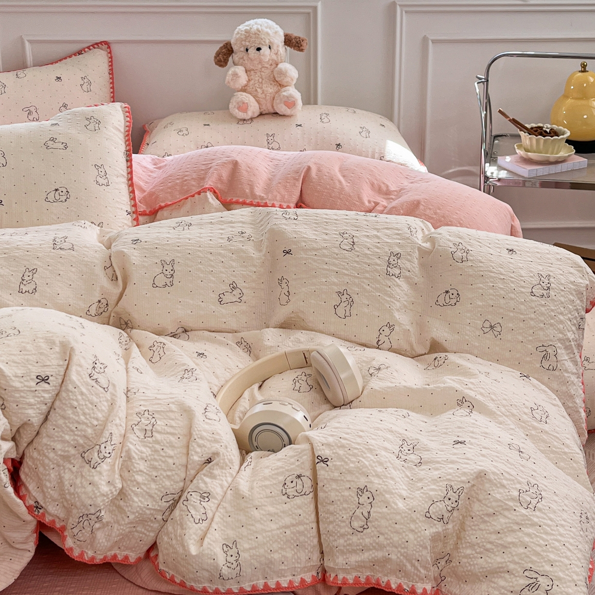 91家纺网 家纺一手货源 找家纺 （总）慕澄家纺 2026新款小清新印花泡芙纱贝壳边四件套