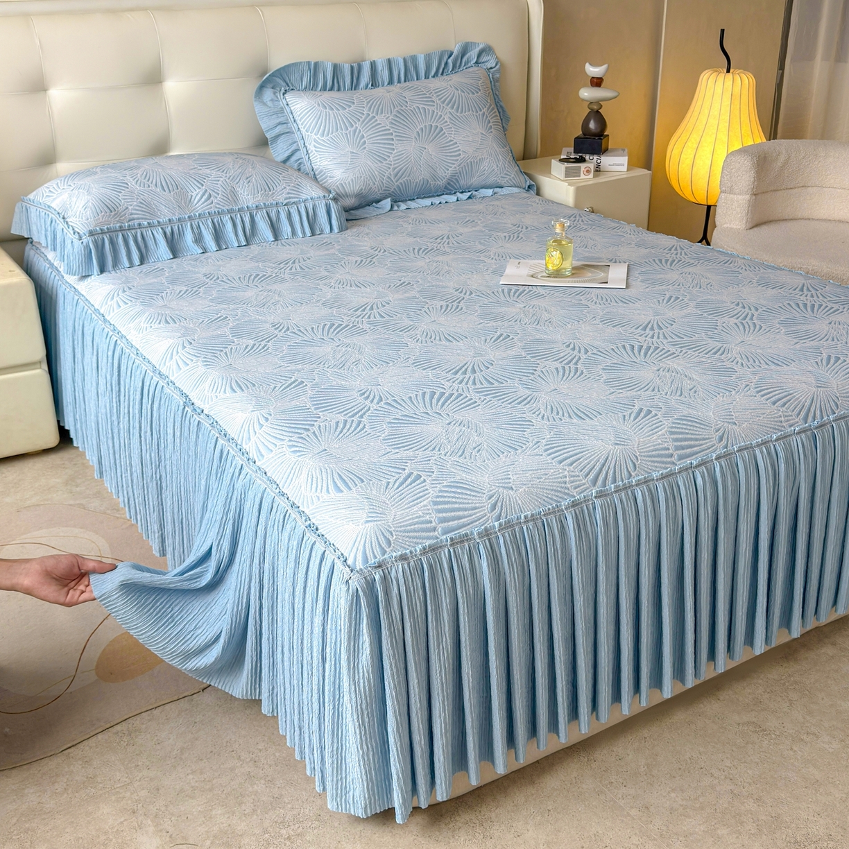 91家纺网 家纺一手货源 找家纺 绒艺席业 2026年新款立体浮雕工艺正宗凉感豆豆席凉席席子-床裙款 豆豆银杏叶-蓝色