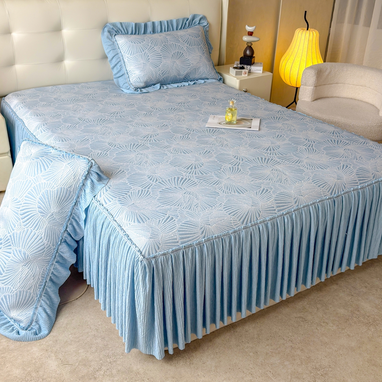 91家纺网 家纺一手货源 找家纺 绒艺席业 2026年新款立体浮雕工艺正宗凉感豆豆席凉席席子-床裙款 豆豆银杏叶-蓝色