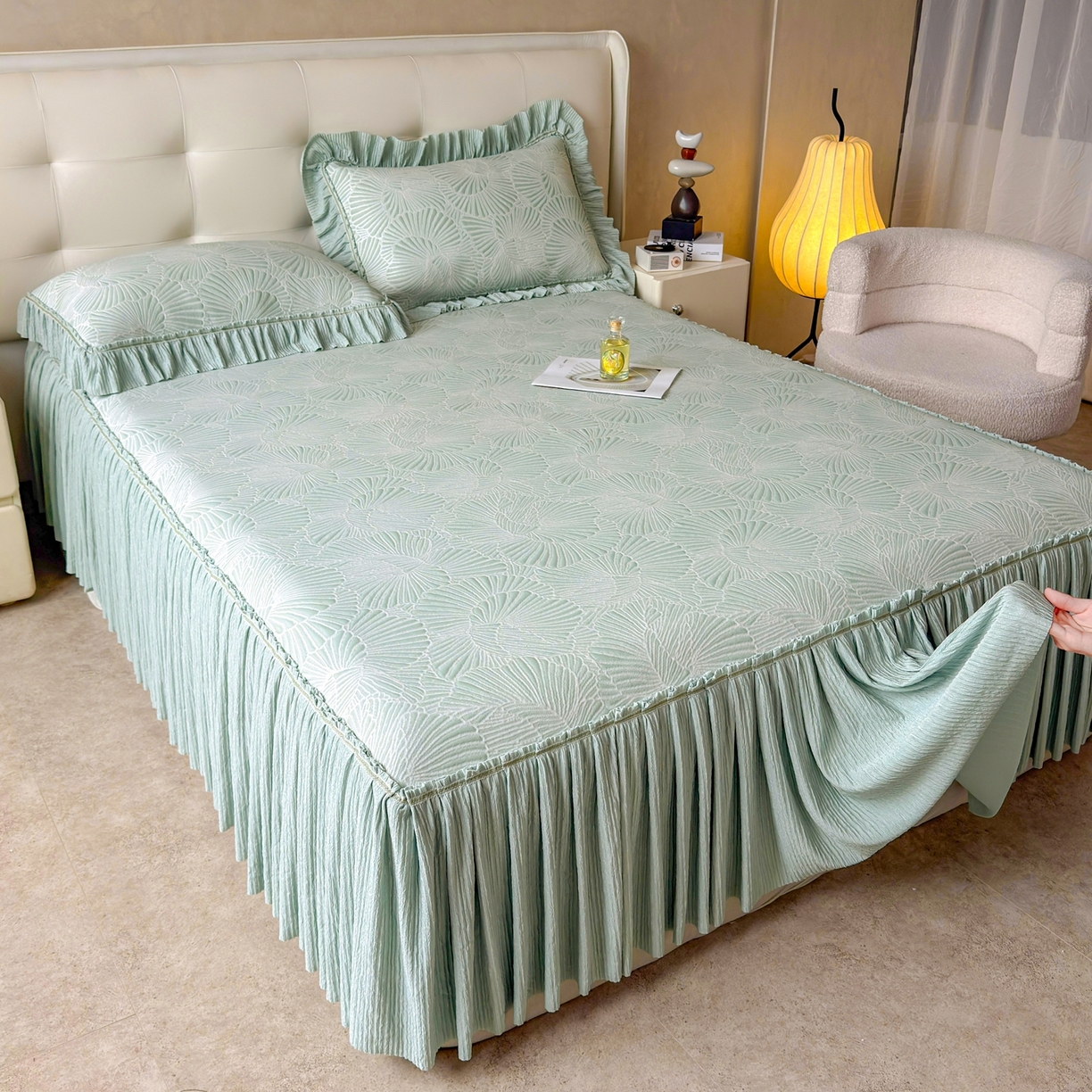 91家纺网 家纺一手货源 找家纺 绒艺席业 2026年新款立体浮雕工艺正宗凉感豆豆席凉席席子-床裙款 豆豆银杏叶-绿色