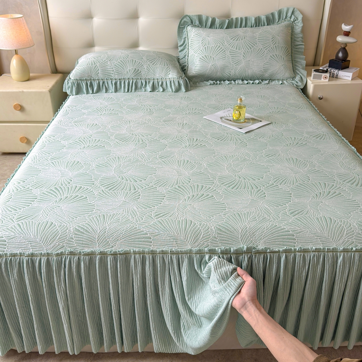 91家纺网 家纺一手货源 找家纺 绒艺席业 2026年新款立体浮雕工艺正宗凉感豆豆席凉席席子-床裙款 豆豆银杏叶-绿色