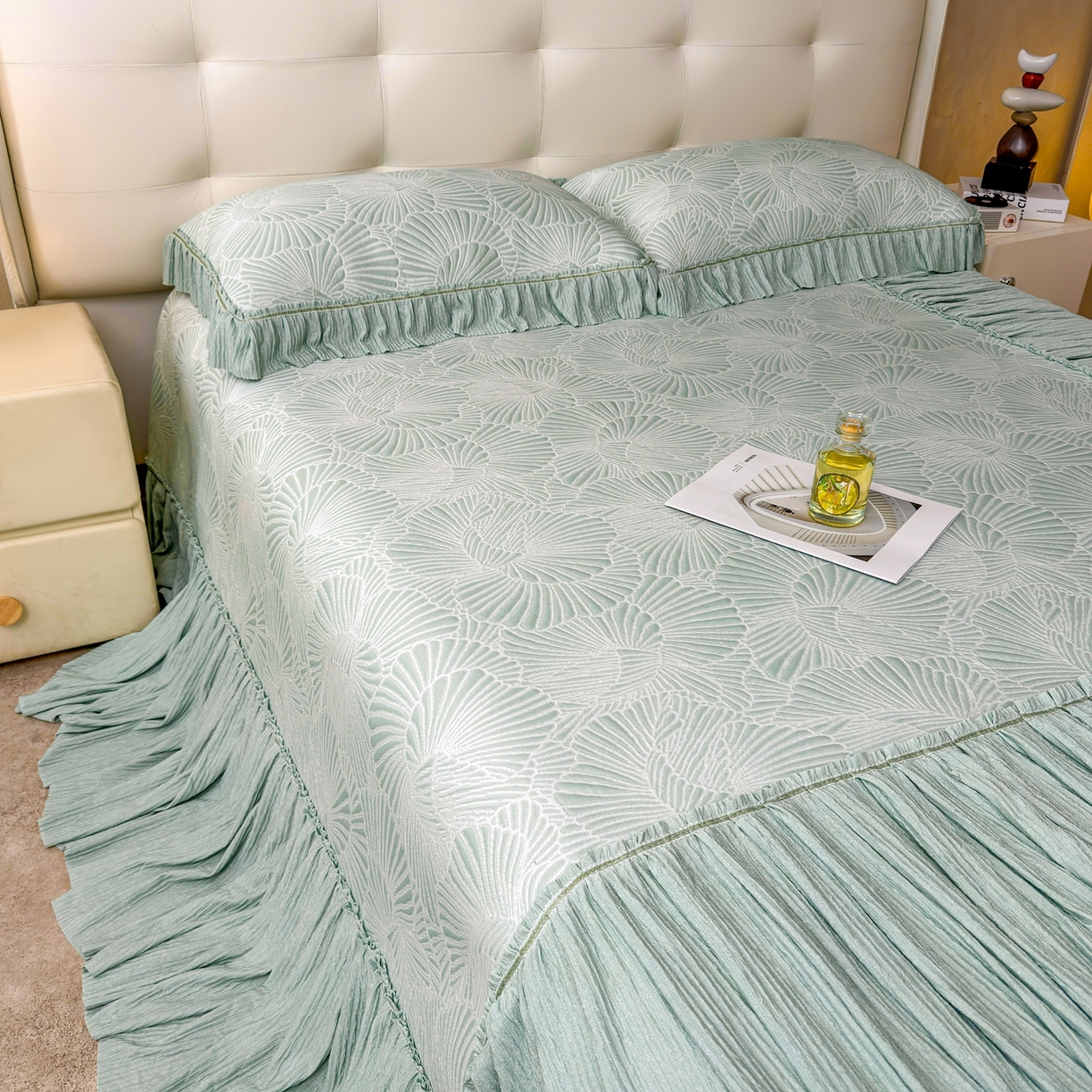 91家纺网 家纺一手货源 找家纺 绒艺席业 2026年新款立体浮雕工艺正宗凉感豆豆席凉席席子-床裙款 豆豆银杏叶-绿色