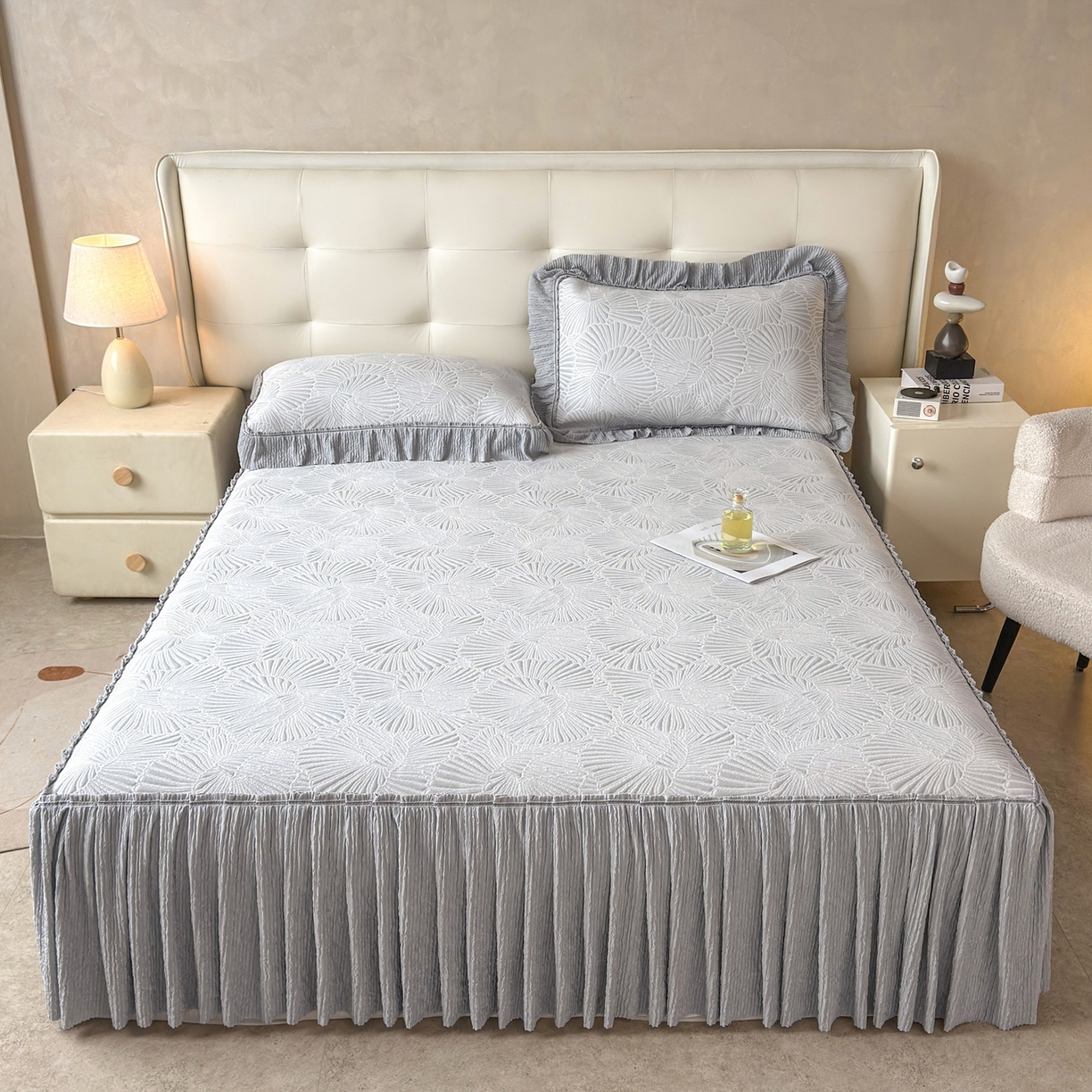 绒艺席业 2026年新款立体浮雕工艺正宗凉感豆豆席凉席席子-床裙款 豆豆银杏叶-灰色