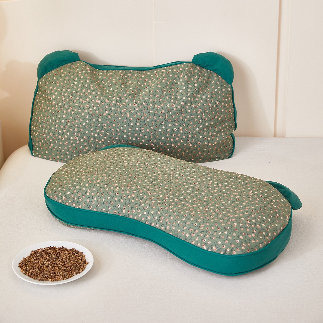 梦叶草 2026新款全棉碎花猫耳荞麦枕 全棉碎花猫耳荞麦枕-深蓝